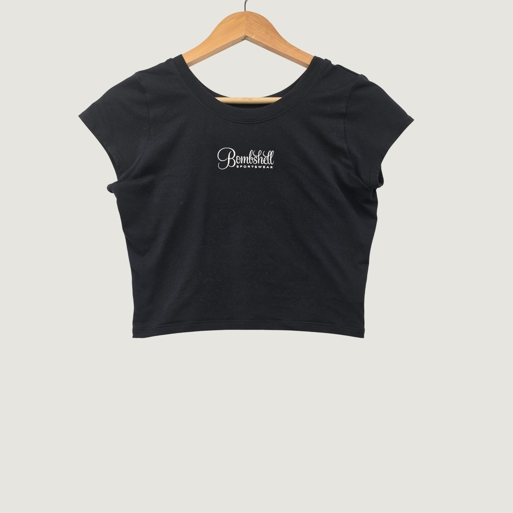 Bombshell Sportswear Black Logo Crop Top XL Activewear Gym Workout USA Made